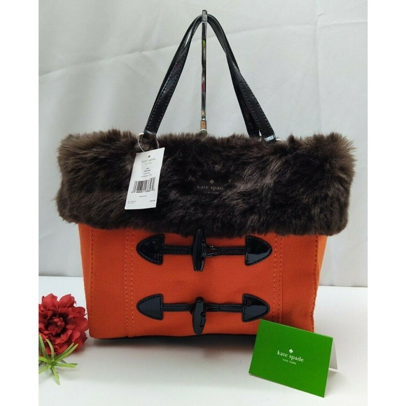 Kate Spade Quinn Foxtrot Hill Autumn Orange Canvas Fur Satchel Bag - NWT $318 - Picture 10 of 12
